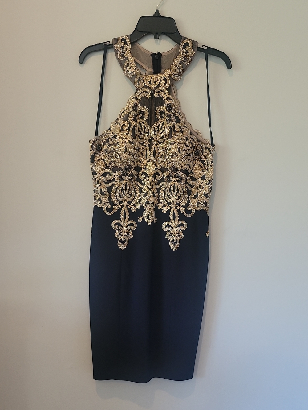 Avery Navy Cocktail, Evening Dress with Gold Embroidery